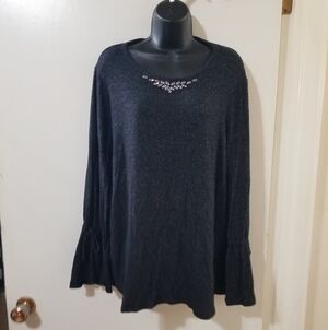 Vera Wang Simply Vera XL Heathered Knit Ruched Sleeve Jeweled Neck Top